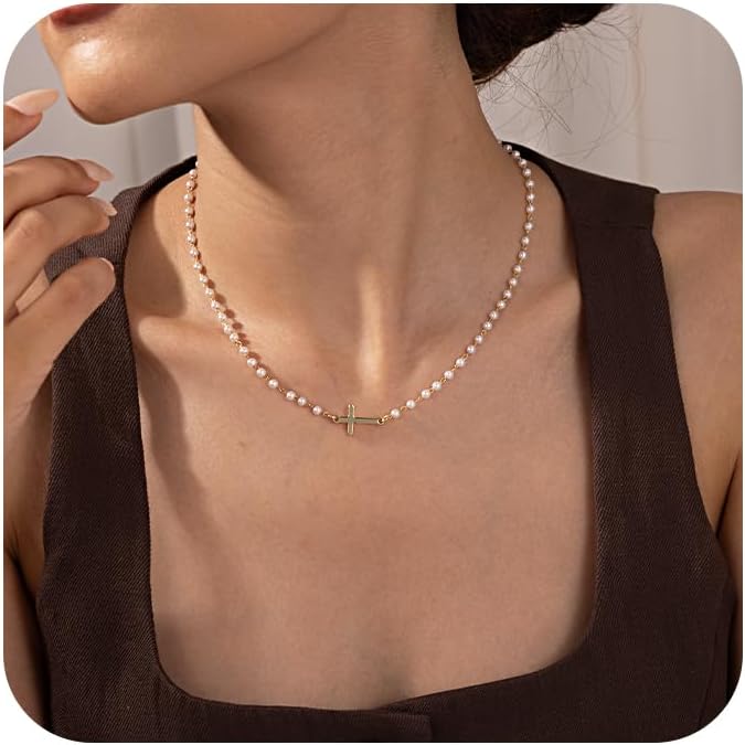 Robaice Pearl Cross Necklace for Women, Eternal Gold Pearl Necklace with Cross Pendant, Dainty Pearls and Cross Necklace Christian Faith Jewelry Gift - Image 1